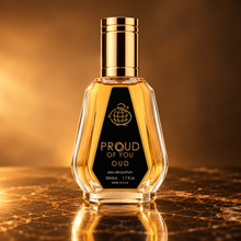 Proud Of You Oud 50ml bottle with gold cap on dark studio background