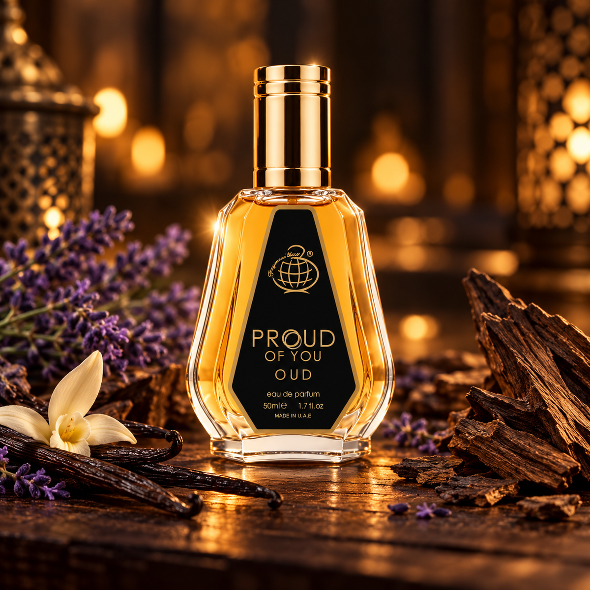 Proud Of You Oud bottle with lavender vanilla and oud in an evening setting