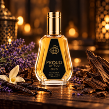 Proud Of You Oud bottle with lavender vanilla and oud in an evening setting