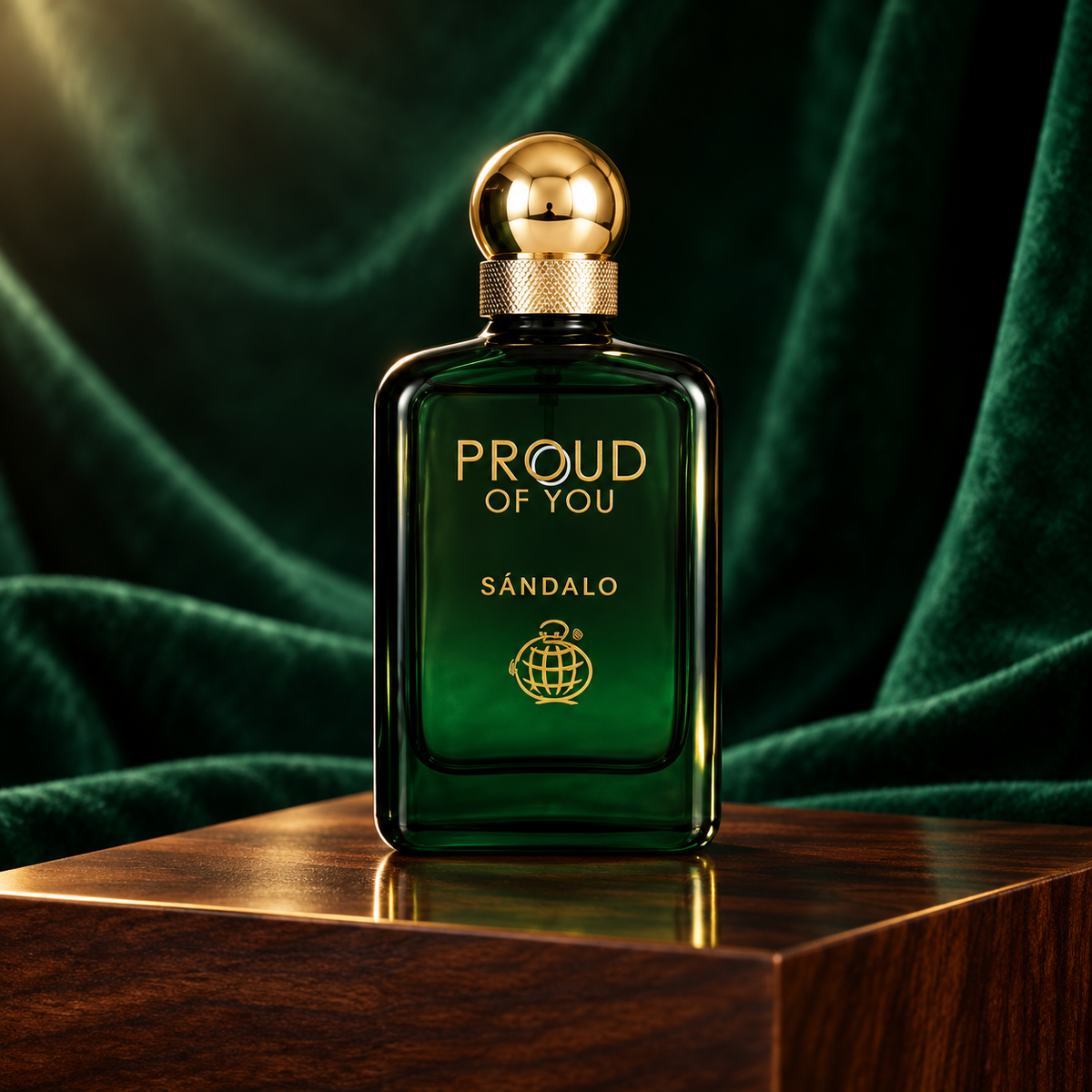 Proud Of You Sandalo 100ml green perfume bottle on a wooden pedestal with emerald velvet