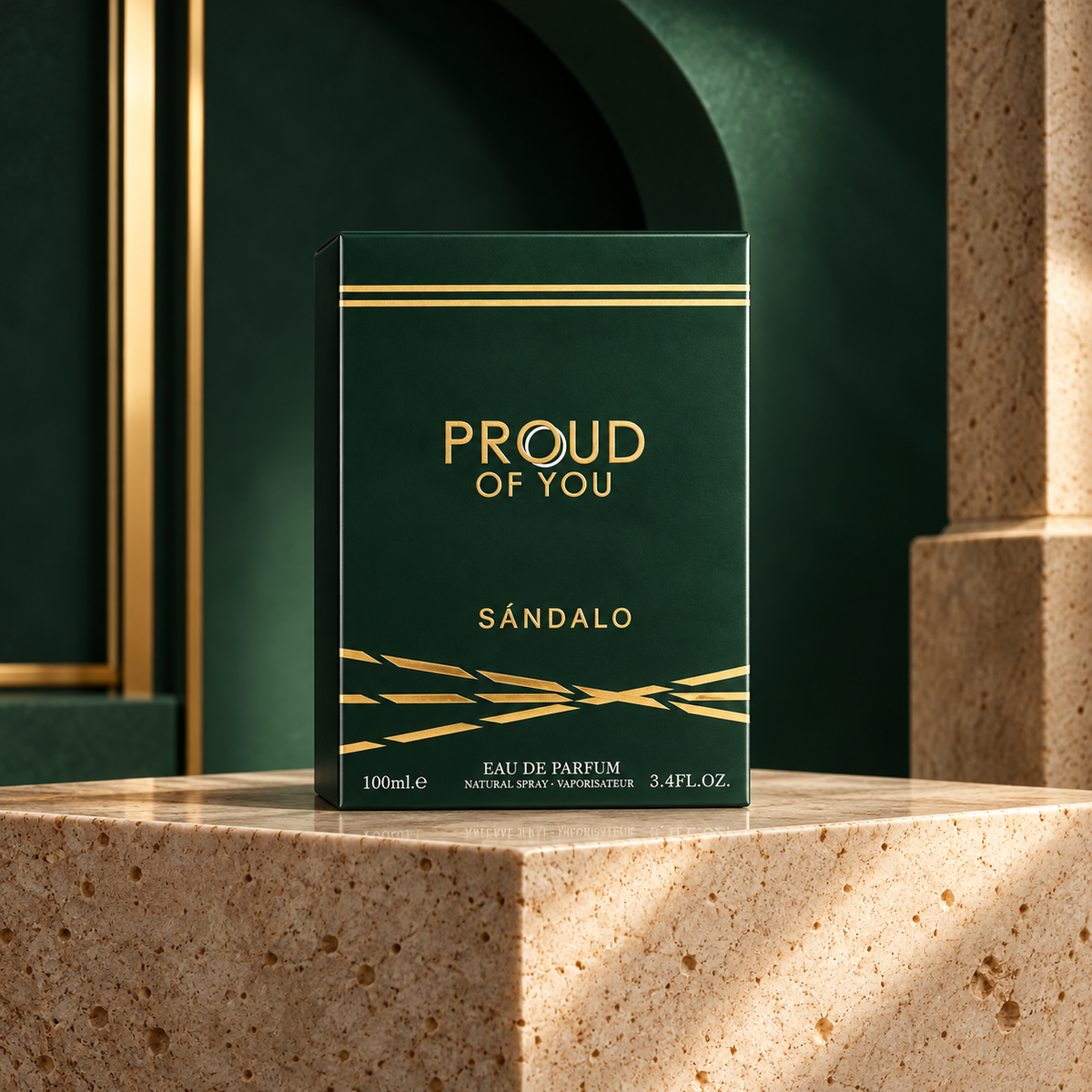 Proud Of You Sandalo 100ml original green and gold box on a stone plinth