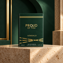 Proud Of You Sandalo 100ml original green and gold box on a stone plinth
