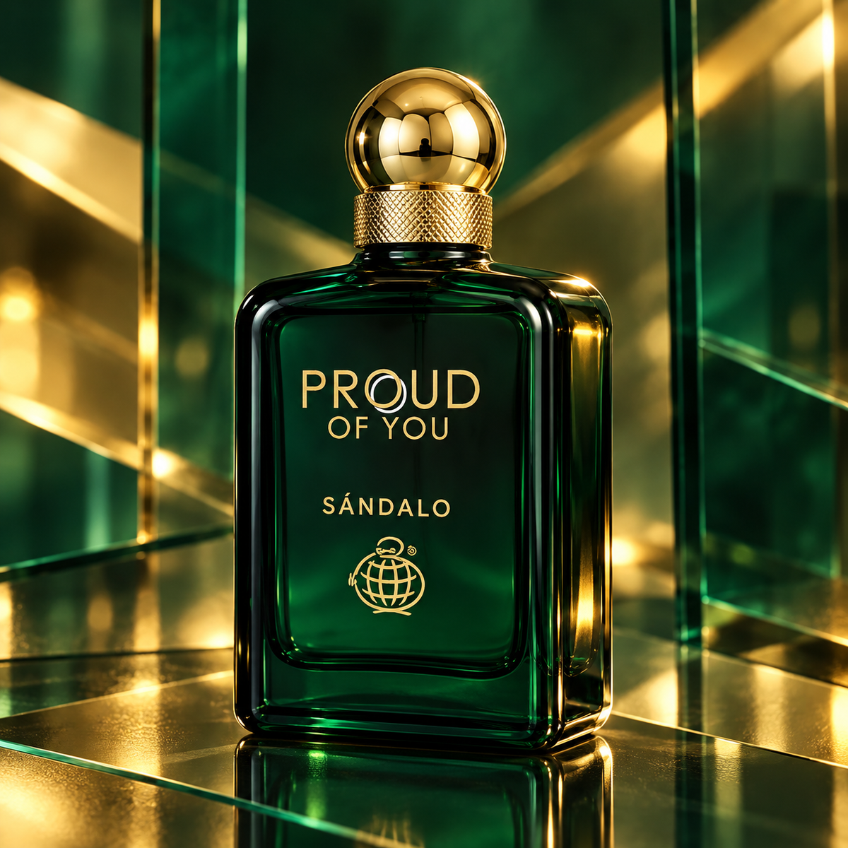 Proud Of You Sandalo 100ml bottle with emerald glass and gold reflections