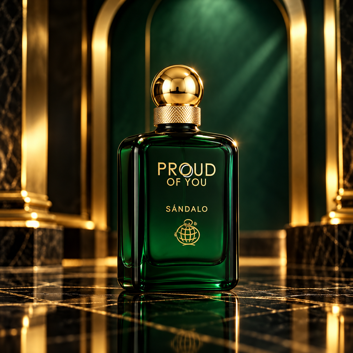 Proud Of You Sandalo 100ml bottle from a three-quarter angle in a green and gold alcove