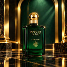 Proud Of You Sandalo 100ml bottle from a three-quarter angle in a green and gold alcove