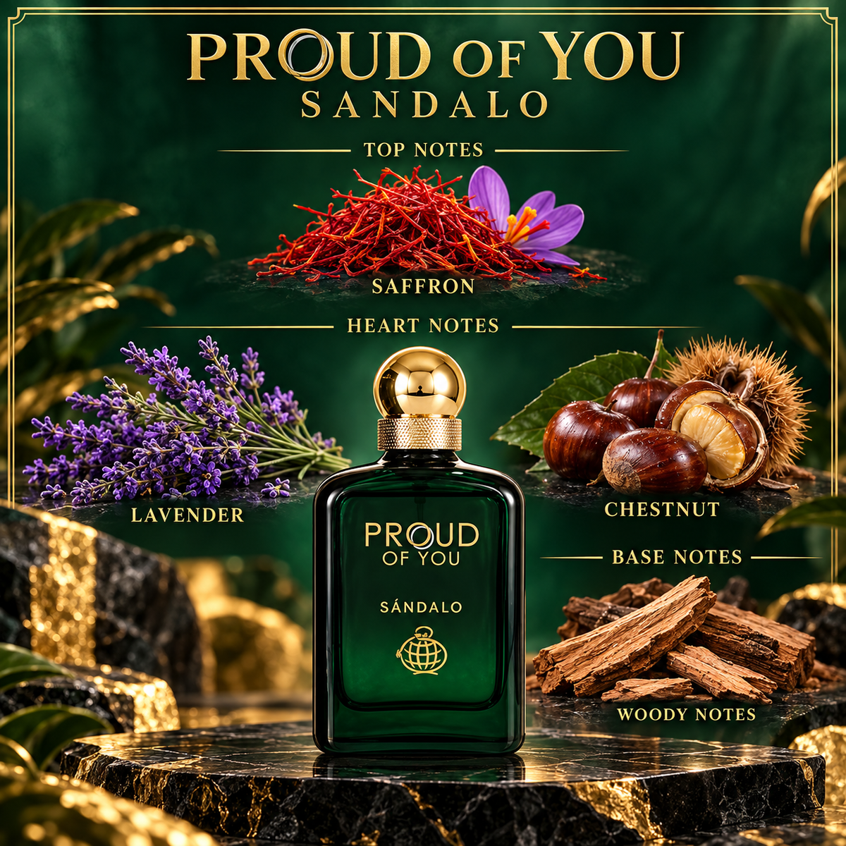 Proud Of You Sandalo fragrance notes: saffron top, lavender and chestnut heart, and woody base