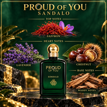 Proud Of You Sandalo fragrance notes: saffron top, lavender and chestnut heart, and woody base