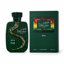 Rasasi Hawas Boa EDP 100ml bottle and original box on white