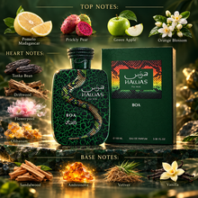 Rasasi Hawas Boa EDP 100ml verified top heart and base fragrance notes with ingredient illustrations