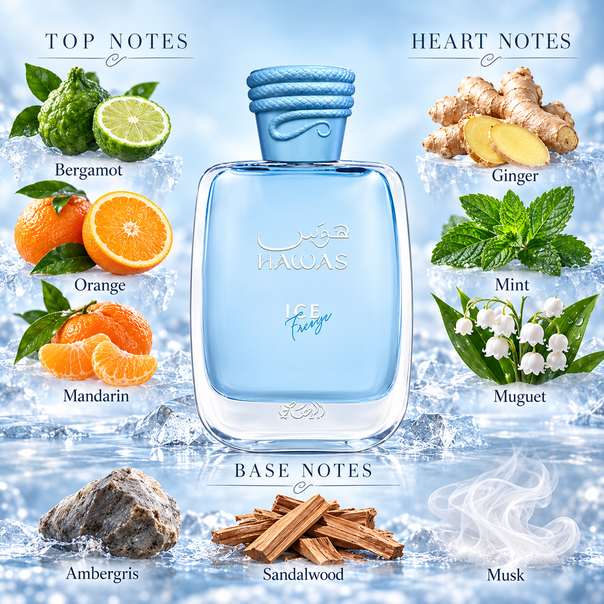 Hawas Ice Freeze notes: bergamot orange mandarin; ginger mint muguet; ambergris sandalwood musk