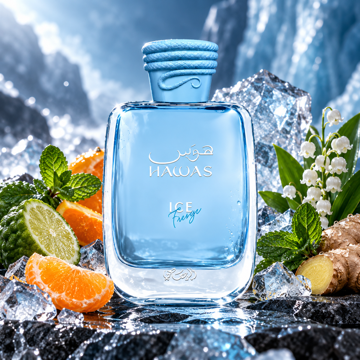 Hawas Ice Freeze bottle with citrus mint ginger and lily-of-the-valley in ice