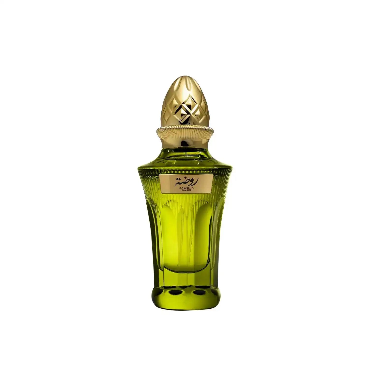 Luxury green oud perfume bottle with gold cap, elegant design for Arabian fragrance lovers