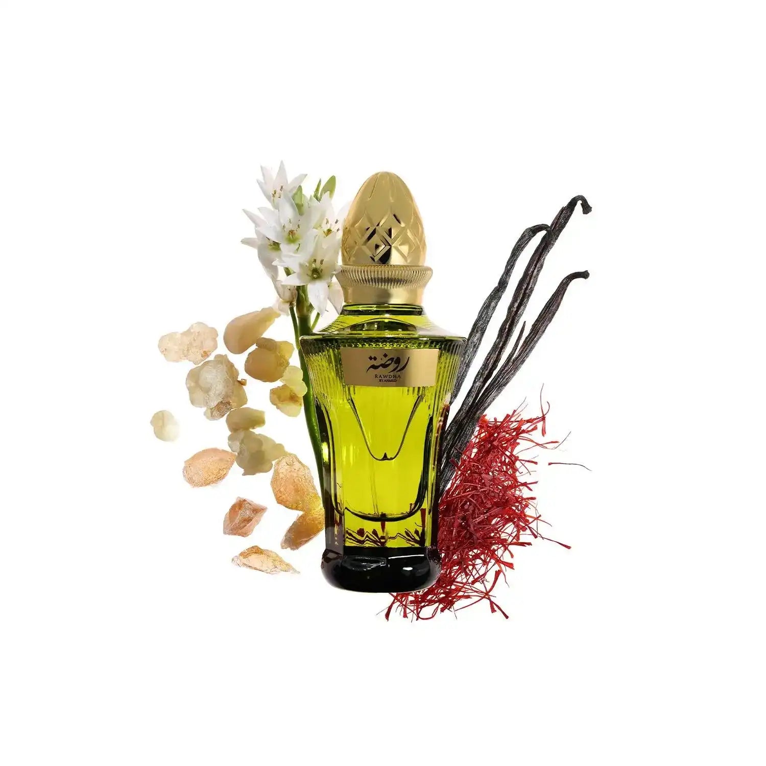 Luxury Arabian oud perfume with vanilla, saffron, and floral accents in a golden bottle