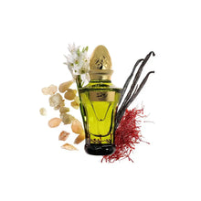 Luxury Arabian oud perfume with vanilla, saffron, and floral accents in a golden bottle