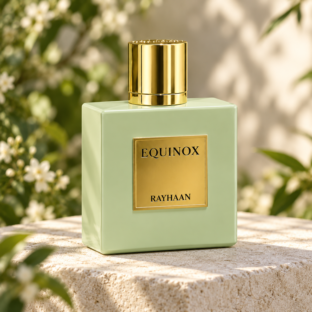 Rayhaan Equinox 100ml bottle alone in a three-quarter view on pale stone