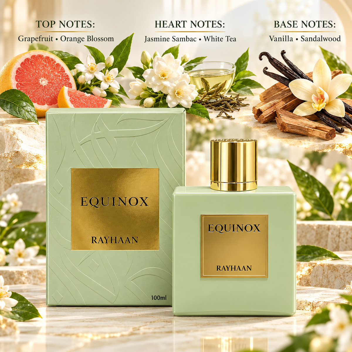 Rayhaan Equinox notes: grapefruit and orange blossom; jasmine sambac and white tea; vanilla and sandalwood