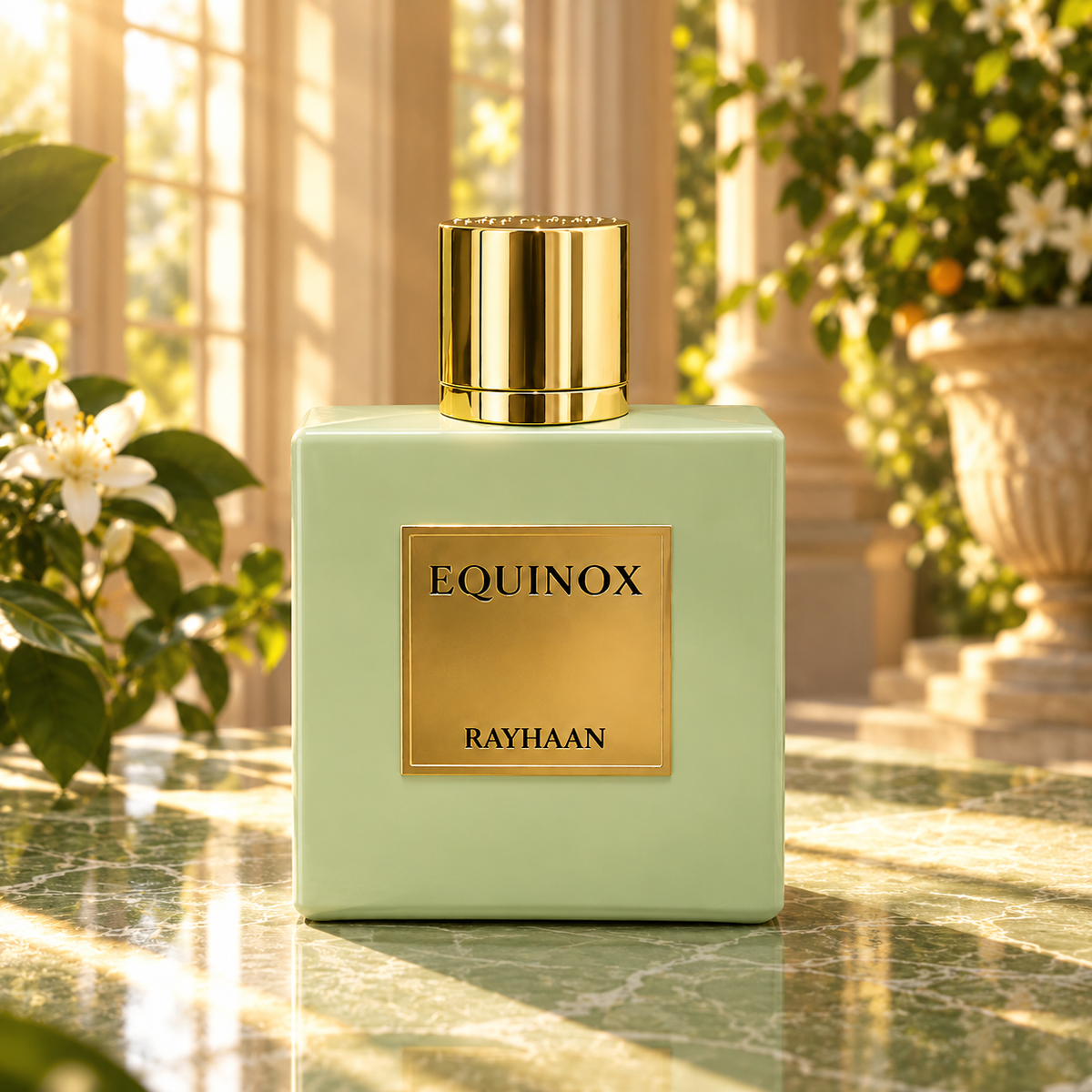Rayhaan Equinox sage green bottle in a sunlit orangery