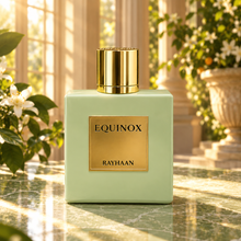 Rayhaan Equinox sage green bottle in a sunlit orangery
