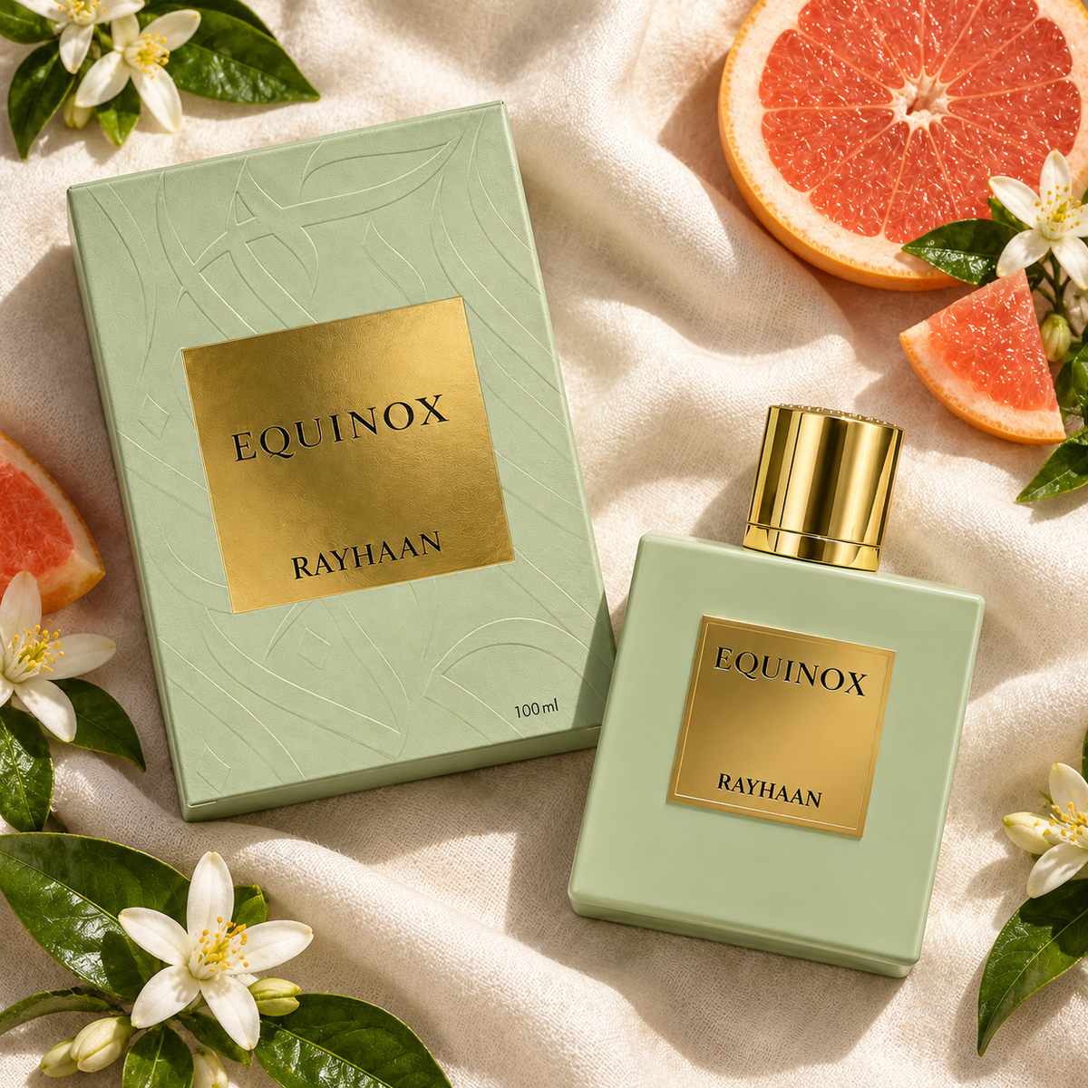 Rayhaan Equinox bottle and box overhead with grapefruit and orange blossom