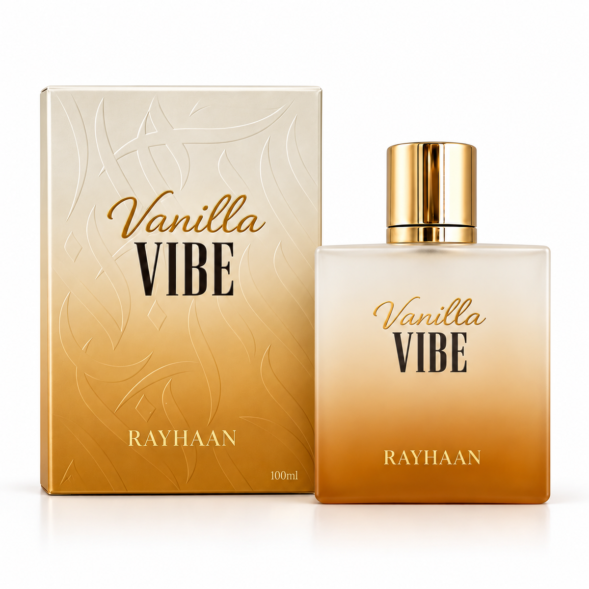 Rayhaan Vanilla Vibe Eau de Parfum 100ml bottle and original cream amber box on white
