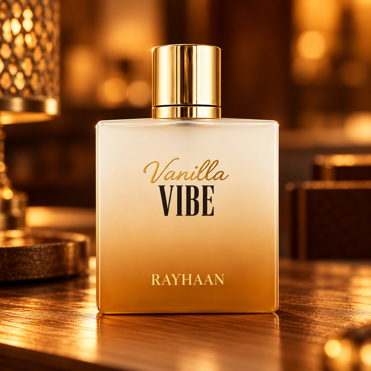 Rayhaan Vanilla Vibe 100ml bottle in a cinematic amber-lit interior with wood textures