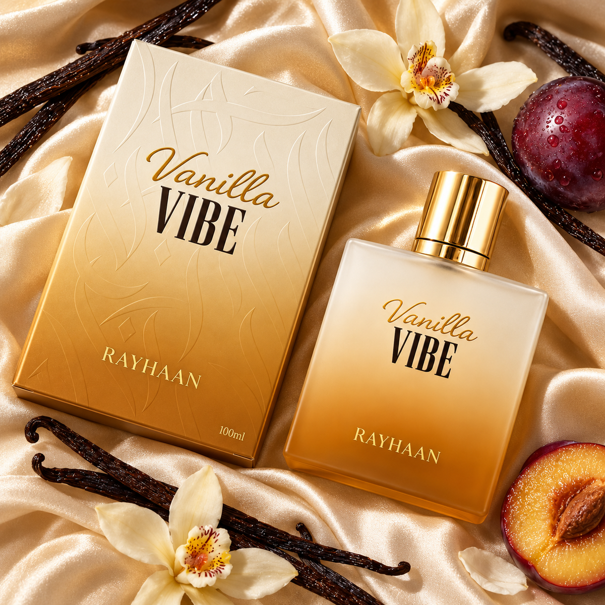 Rayhaan Vanilla Vibe 100ml bottle and original box photographed overhead on cream silk with plum and vanilla pods