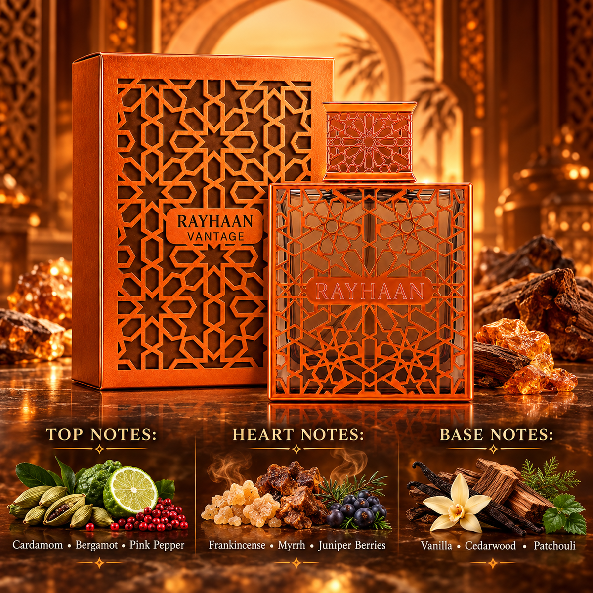 Vantage notes: cardamom bergamot pink pepper; frankincense myrrh juniper berries; vanilla cedarwood patchouli