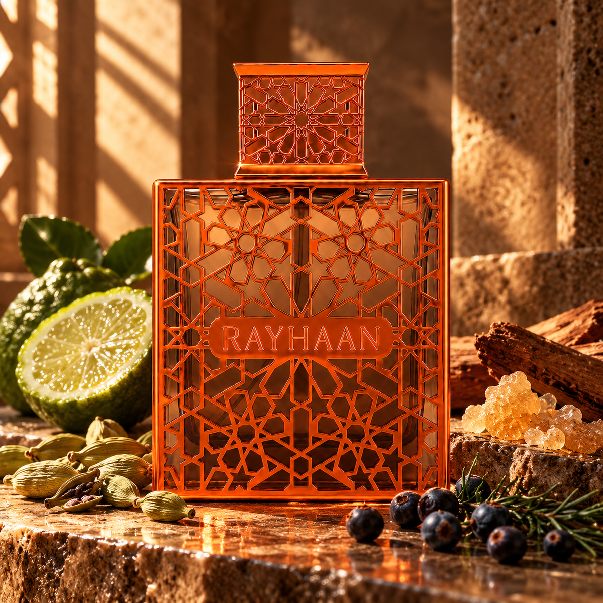 Vantage bottle with cardamom bergamot resin juniper and wood in cinematic light