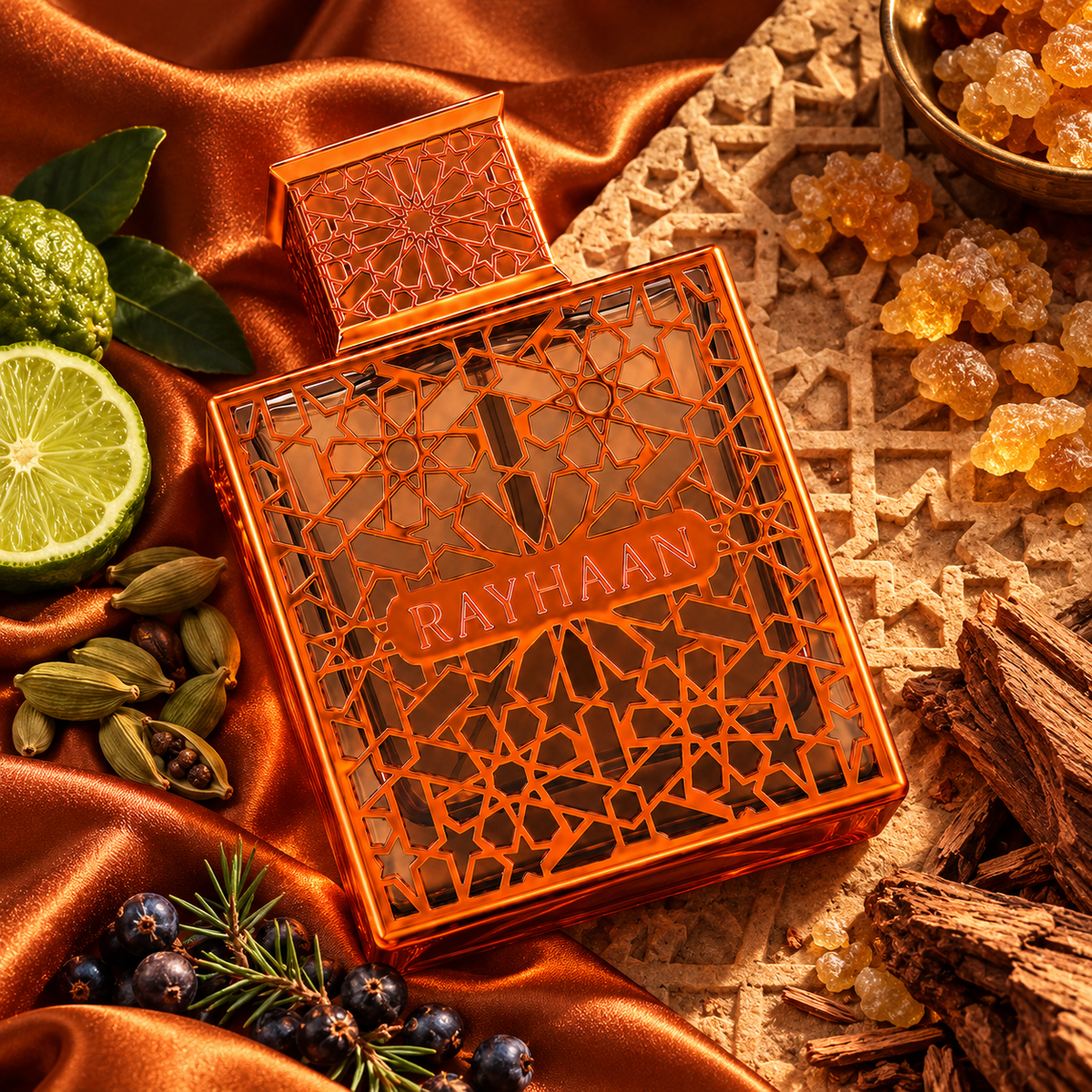 Overhead Vantage bottle on orange silk beside cardamom bergamot juniper and cedar