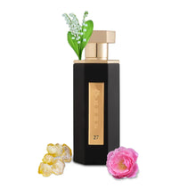 Black and gold perfume bottle with floral, amber, and rose accents, 27 EDP classic scent