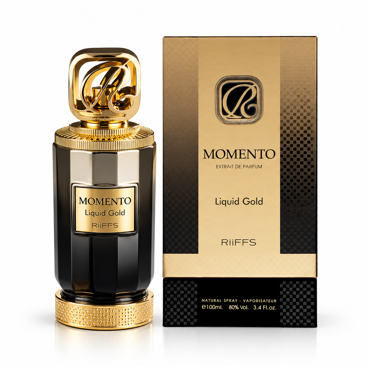 Riiffs Momento Liquid Gold Extrait 100ml black and gold bottle with original box on white