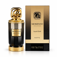 Riiffs Momento Liquid Gold Extrait 100ml black and gold bottle with original box on white