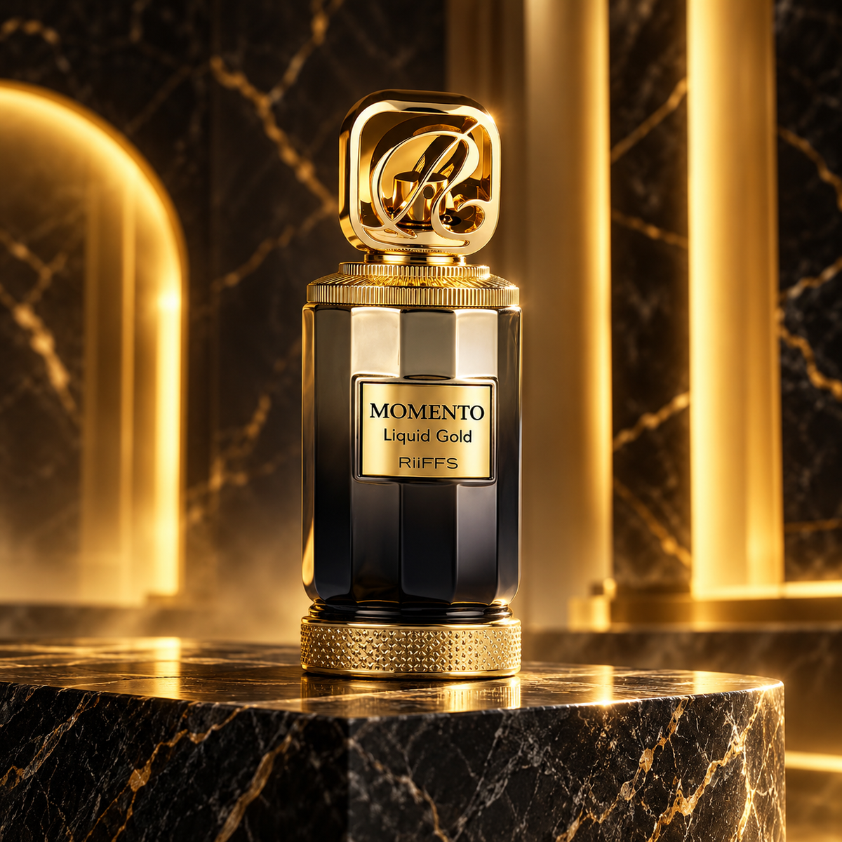 Momento Liquid Gold bottle on black marble with gold architectural light