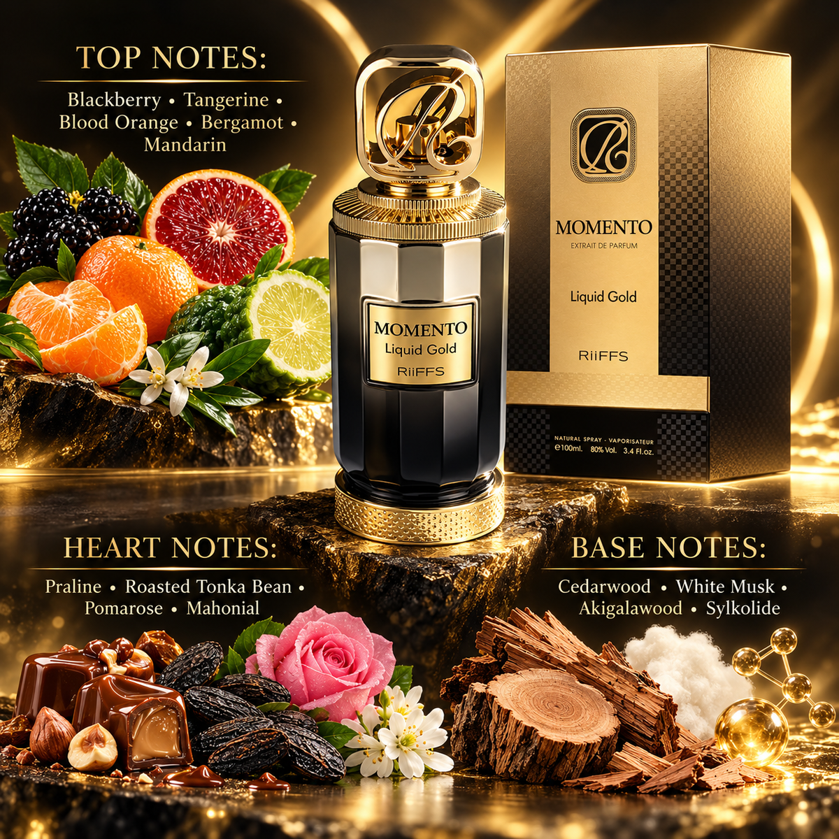 Momento Liquid Gold notes: blackberry tangerine blood orange bergamot mandarin; praline roasted tonka bean Pomarose Mahonial; cedarwood white musk Akigalawood Sylkolide