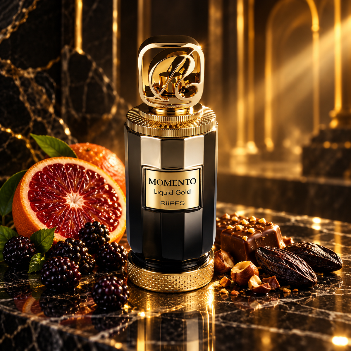 Momento Liquid Gold bottle with blackberries blood orange praline and tonka in golden light