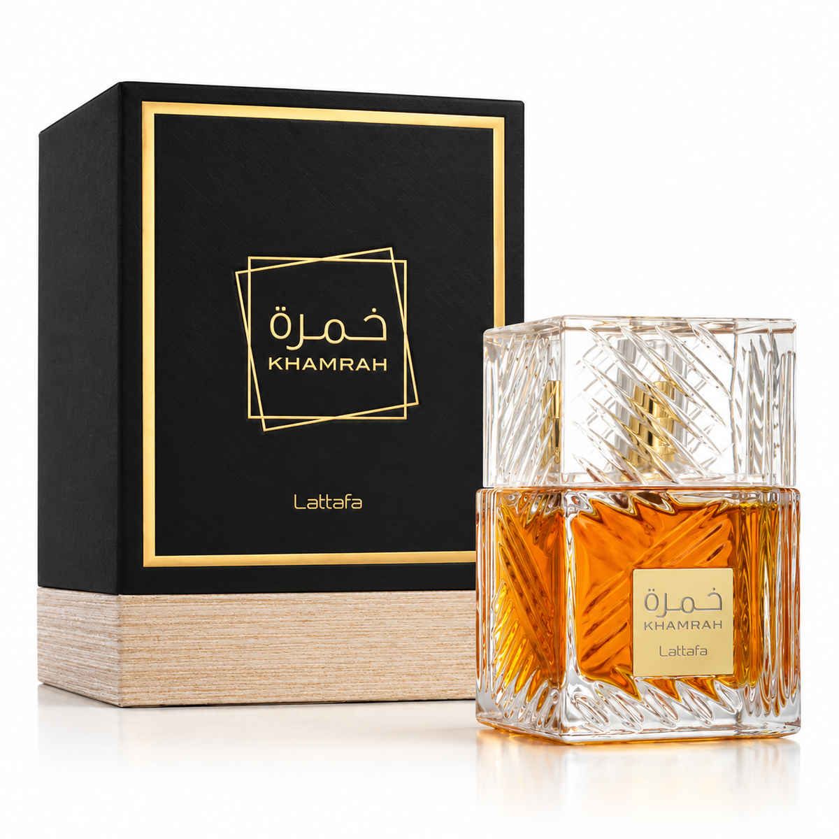 Lattafa Khamrah Eau de Parfum 100ml – bottle and original box on white
