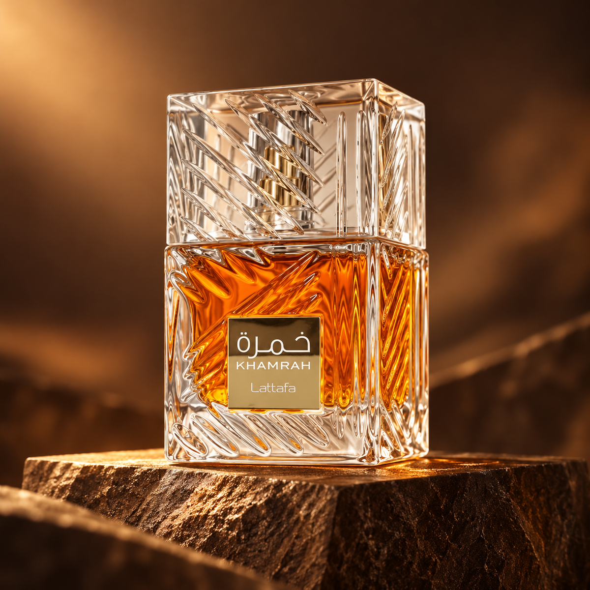 Lattafa Khamrah Eau de Parfum 100ml – bottle on sculptural stone