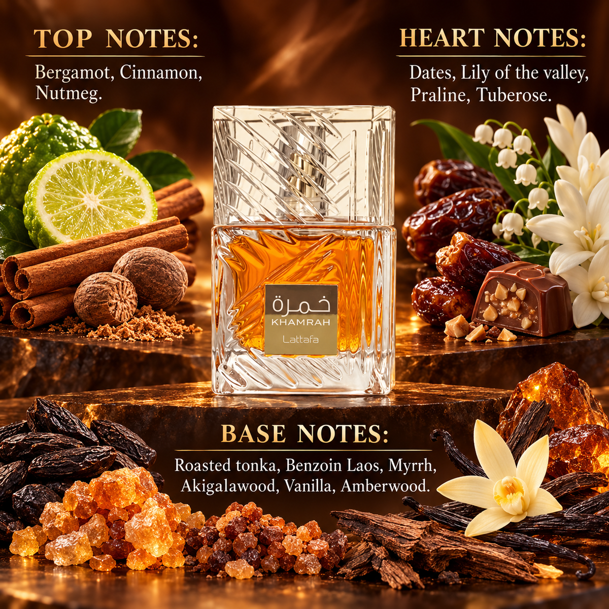 Lattafa Khamrah Eau de Parfum 100ml – top, heart and base fragrance notes