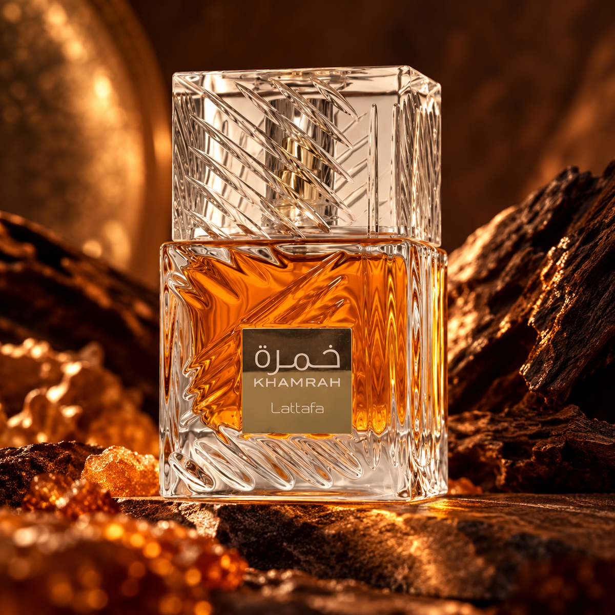 Lattafa Khamrah Eau de Parfum 100ml – cinematic product photograph