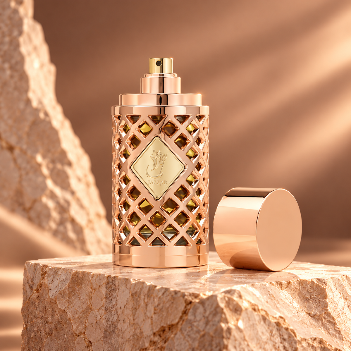 Ard Al Zaafaran Jazzab Rose Gold Eau de Parfum 100ml – bottle on sculptural stone