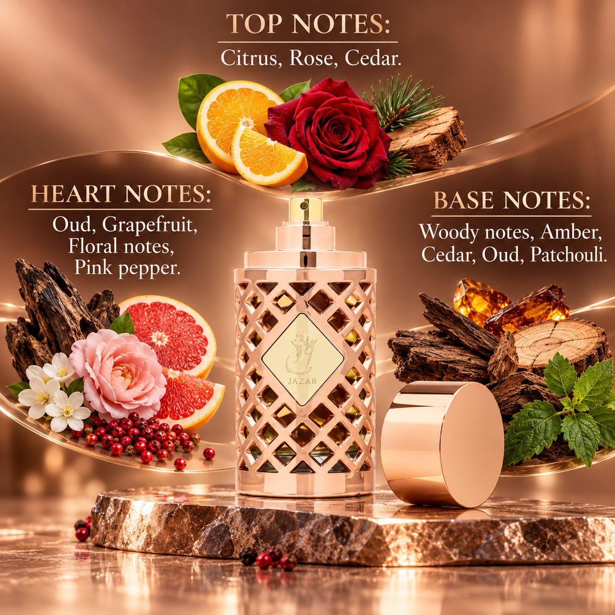 Ard Al Zaafaran Jazzab Rose Gold Eau de Parfum 100ml – top, heart and base fragrance notes