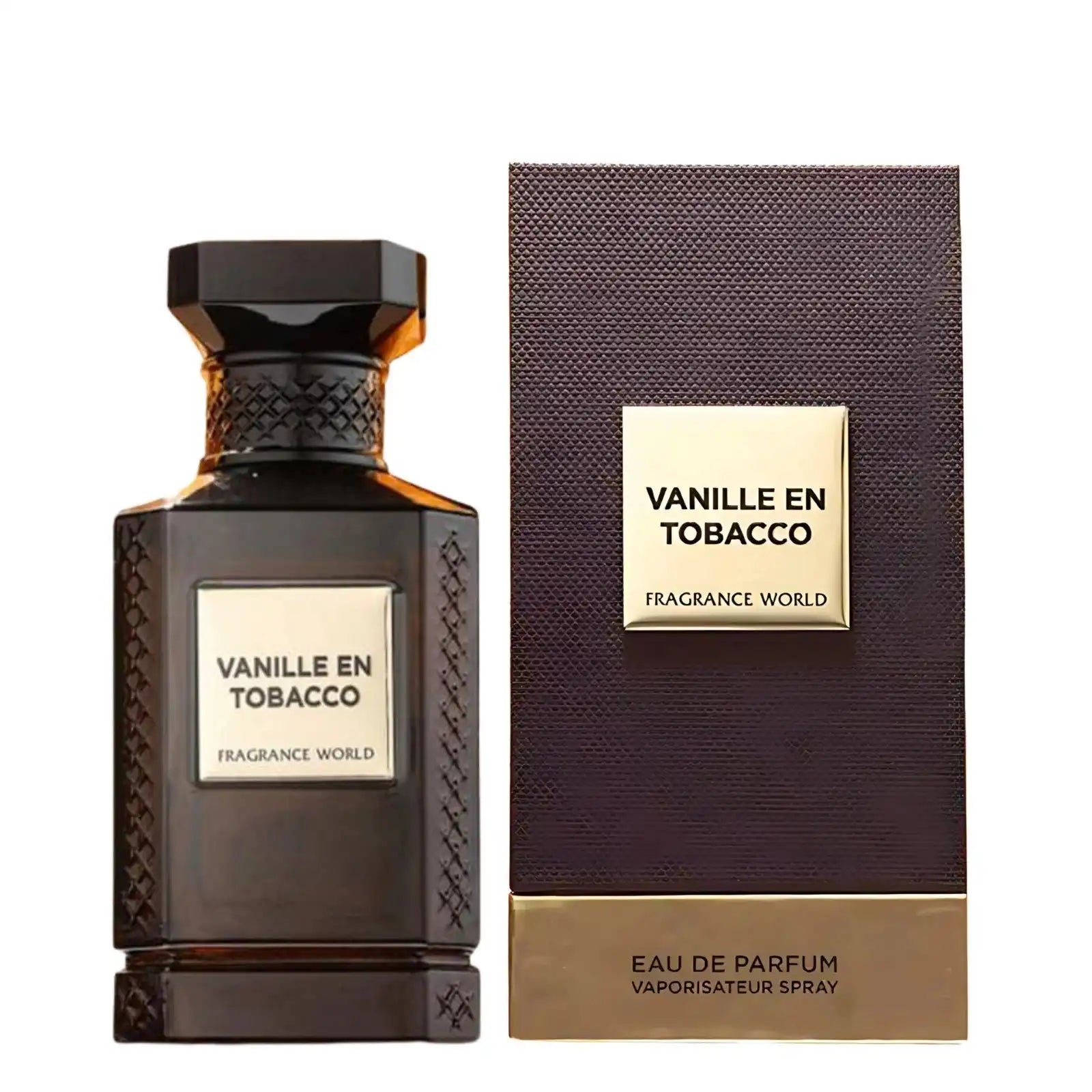 Luxury Vanille en Tobacco eau de parfum bottle and box, dark glass and gold label.
