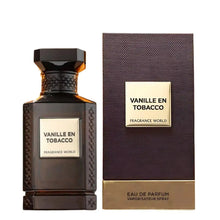 Luxury Vanille en Tobacco eau de parfum bottle and box, dark glass and gold label.