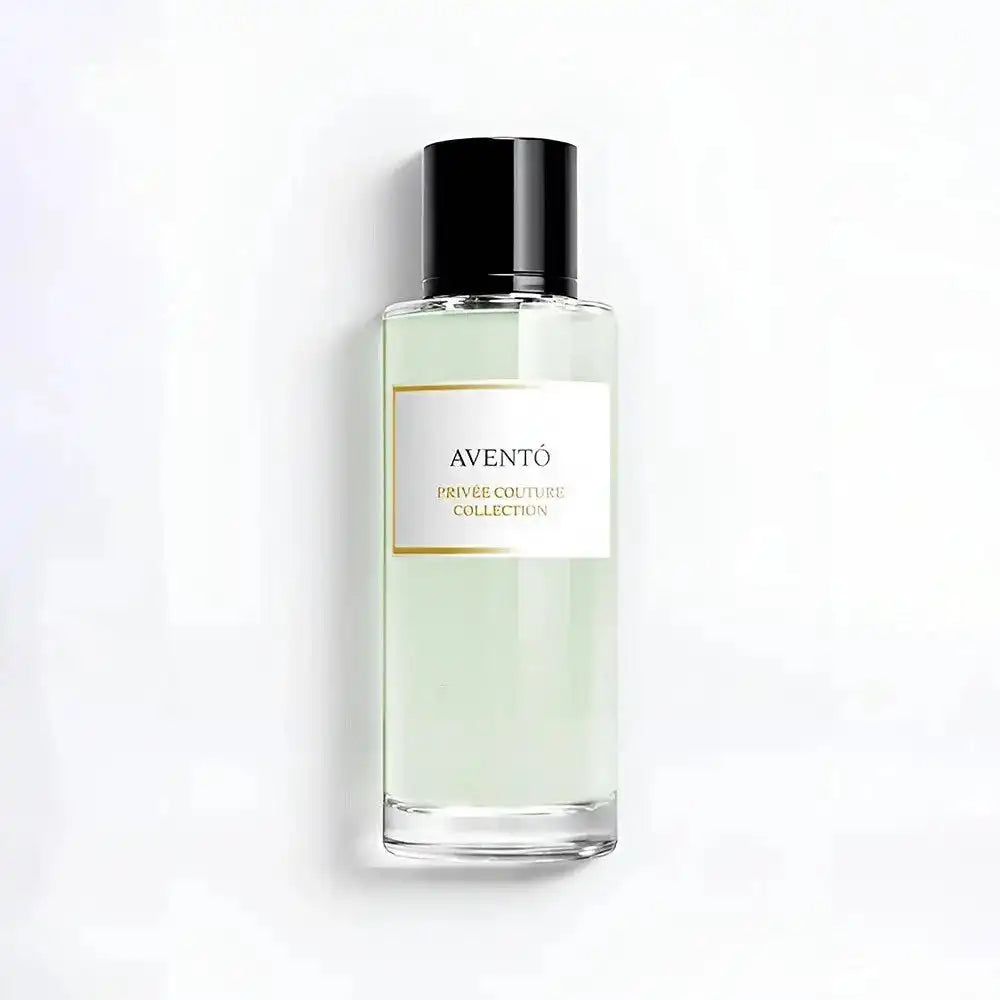 Aventó Privée Couture Collection luxury perfume bottle with pale green liquid and black cap