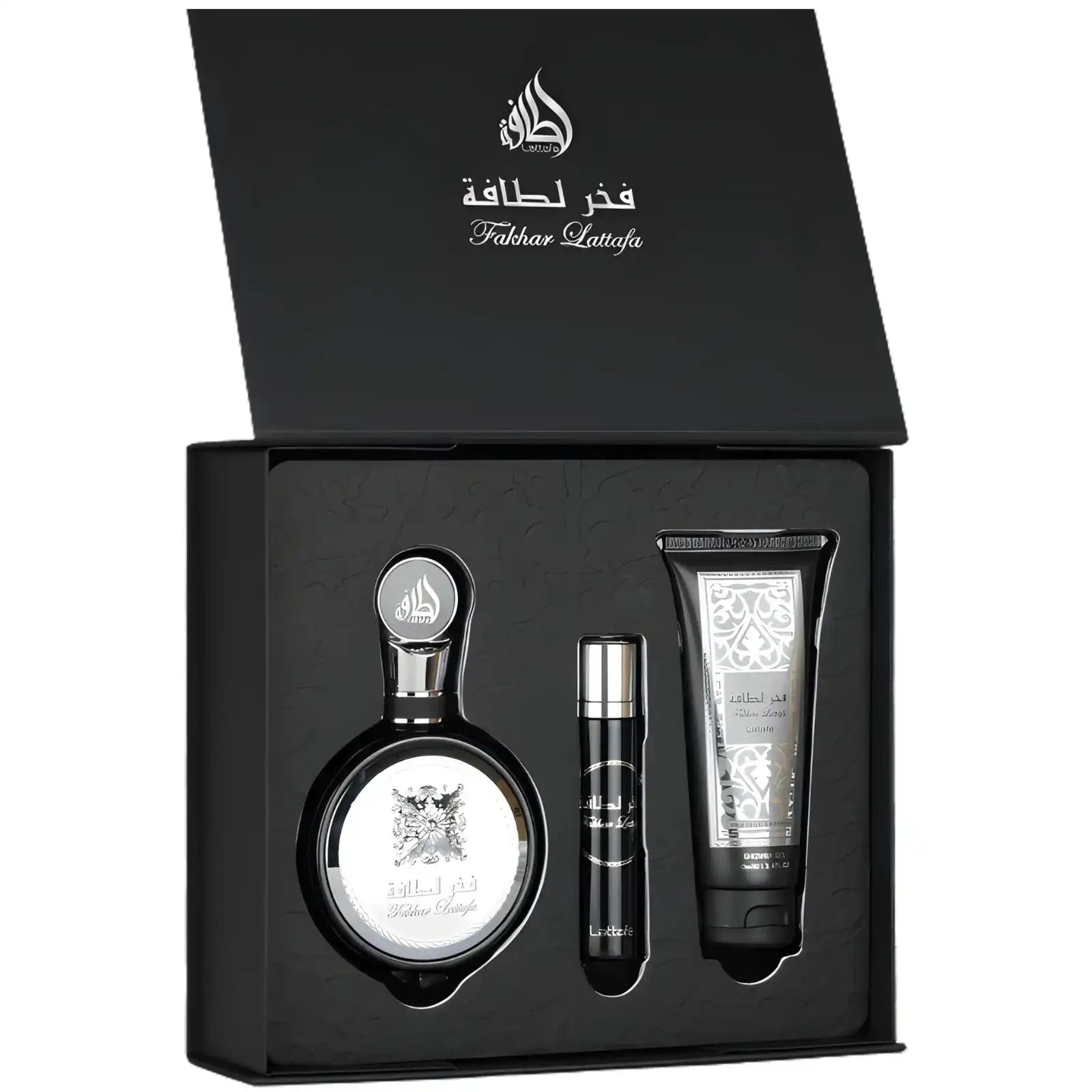 Fakhar Lattafa Black 100ml Eau De Parfum, 12ml Travel Spray & 100ml Shower Gel - Giftset For Men