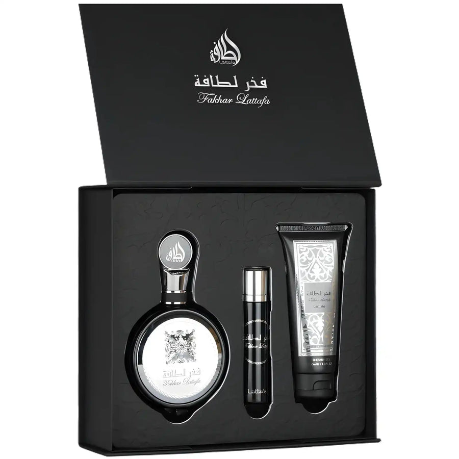 Fakhar Lattafa Black 100ml Eau De Parfum, 12ml Travel Spray & 100ml Shower Gel - Giftset For Men