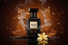 Vanille en Tobacco perfume bottle with tobacco leaves, vanilla flower, and spices
