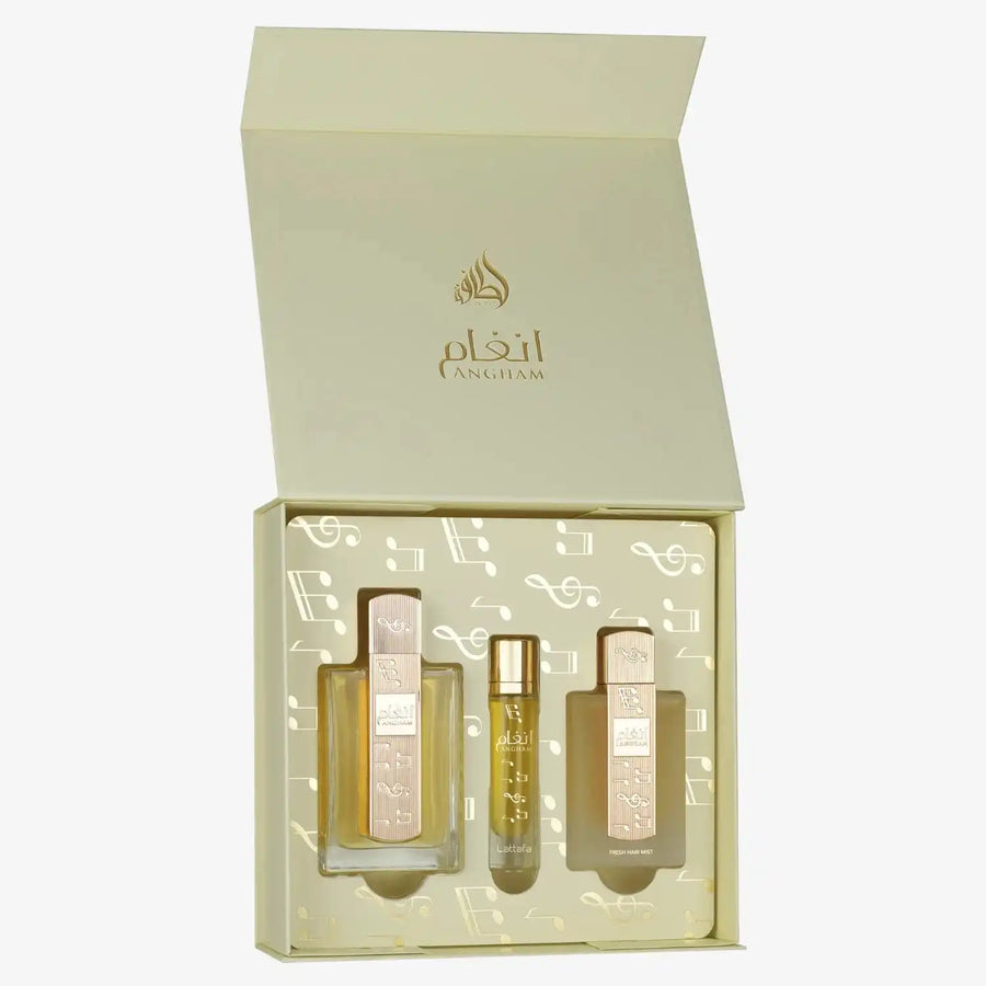 Lattafa Angham 3-Piece Perfume Gift Set – 100ml Eau De Parfum, 12ml Travel Spray & 50ml Hair mist