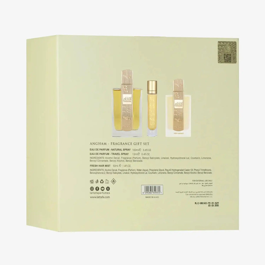 Lattafa Angham 3-Piece Perfume Gift Set – 100ml Eau De Parfum, 12ml Travel Spray & 50ml Hair mist