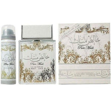 Pure Musk eau de parfum bottle, spray, and luxury gift box with gold Arabic calligraphy design